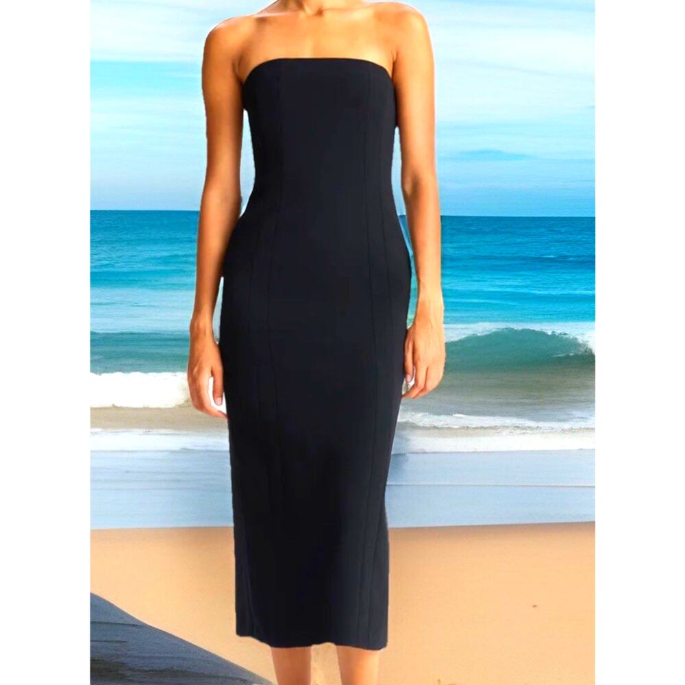 Black Strapless Midi Dress Basic Bodycon Pencil Skirt Sexy Tube Top Party Club S